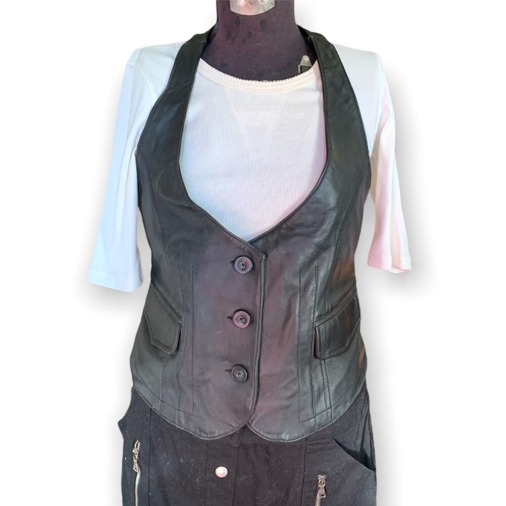 Black Leather Racerback Vest with Button Front - Picture 3 of 10